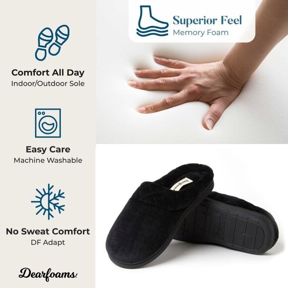 Women's Memory Foam Slippers Microfiber Velour Clog Wide Fit Indoor Outdoor Blac - Picture 7 of 7